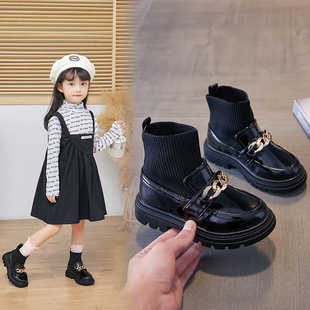 女童靴子儿童鞋2023秋季黑色飞织靴，走秀表演短靴单靴高筒长靴
