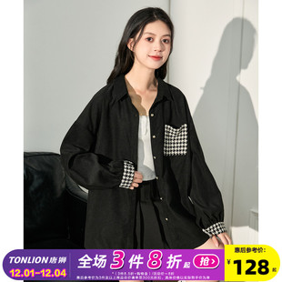 唐狮2023秋季长袖衬衫女黑色千鸟格设计感小众宽松百搭外套