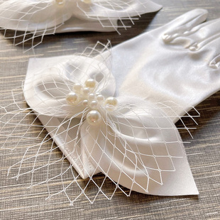 法式新娘结婚手套白色蝴蝶结缎面婚纱礼服短款复古珍珠写真造型女