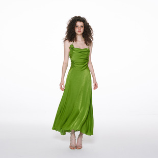 pynkiswear芽绿色缎面挂脖长款吊带，连衣裙女海边度假褶皱短裙夏