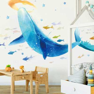 大鲸鱼墙贴纸创意沙发海底，世界背景墙上装饰个性卧室客厅海洋贴画