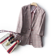 日式精工细作暗粉色英伦格子薄款通勤格纹西服外套七分袖小西装女