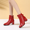 红色短靴女2023冬季中跟时尚侧拉链短筒时装女靴真皮粗跟单靴