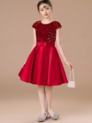 酒红色女童钢琴短款公主裙，走秀演出服半袖亮片，儿童表演服圆领礼服