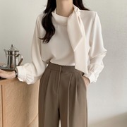 韩国chic春季法式气质设计感系带领结宽松套头灯笼袖衬衫上衣