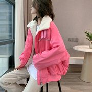 粉色羊羔毛外套女冬装欧洲站2023欧货加绒加厚短款毛毛机车服