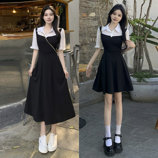 黑色假两件连衣裙2夏季法式收腰显瘦赫本风小众衬衫设计感长短裙