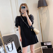 黑色t恤连衣裙夏季新女韩版，时尚薄款网纱拼接泡泡，袖短袖a字裙女潮