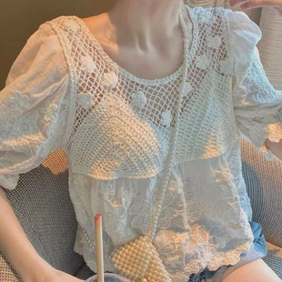 夏季蕾丝娃娃衫女减龄甜美镂空刺绣宽松泡泡短袖上衣法式小衫