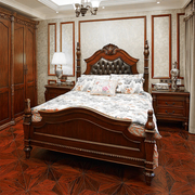 美式实木床主卧真皮双人床，欧式奢华复古柱子床皇帝床别墅皮艺家具