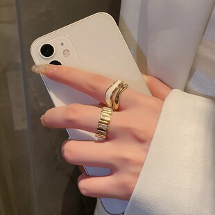 日韩S925银简约双层戒指女复古时尚气质几何不规则开口指环食指戒