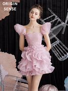 欧根纱仙气公主芭比粉色蓬蓬裙，赫本风小个子，超短小礼服连衣裙