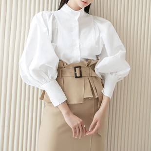 白色立领灯笼袖衬衫女春秋，法式高级设计感小众泡泡长袖气质上衣
