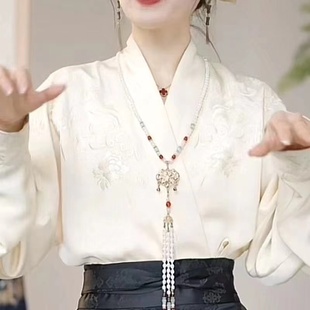 对襟衬衫女长袖2025春秋新款宽松百搭系带领新中式轻国风刺绣上衣