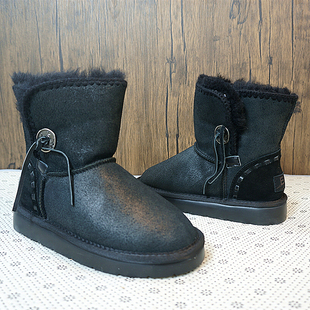 中筒靴冬季真皮羊毛，一体雪地靴复古色，扣子流苏女靴c24-8