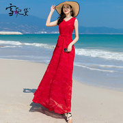 红色雪纺印花连衣裙女夏季长款到脚踝超长显瘦波，西米亚大摆沙滩裙