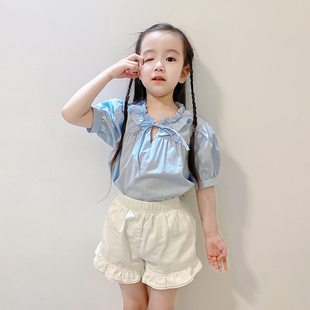 LittleYu｜女童花边系带上衣夏季紫色蓝色橘粉色儿童韩版纯棉短袖