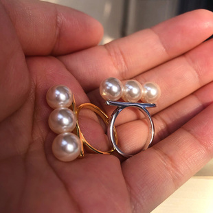 三颗平衡木珍珠戒指天然淡水珍珠指环T家同款S925纯银不掉色 防敏