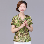 竹语声短袖台湾网纱高端上衣V领T恤女中年妈妈装夏装洋气小衫