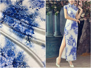中国风桑蚕丝旗袍布料青花瓷牡丹喷绘19姆弹力真丝丝绸缎服装面料