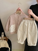 韩版童装女童双面外套秋冬宝宝粉色白色洋气拼接立领棉衣套装