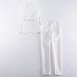 白色西装马甲九分裤二件套显瘦英伦风小个子，ol套装女