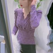 2023秋冬洋气小衫紫色内搭蕾丝衫女V领高级感打底衫内穿上衣