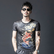 夏季短袖T恤男士中国风印花修身霸气锦鲤鱼纹身个性潮流冰丝上衣
