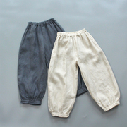 纯亚麻儿童裤子c2201男女，宝夏季薄款透气吸汗凉爽米色肥腿灯笼裤