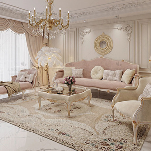 美式轻奢别墅客厅贵妃，沙发法式公主风，雕花实木三人沙发组合