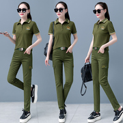 2024夏装迷彩服女翻领短袖T恤修身显瘦韩版军绿小脚裤两件套
