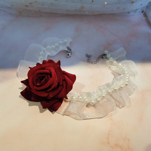 白色珍珠蕾丝颈链锁骨链项链女仙女新娘酒红色玫瑰花朵山茶花