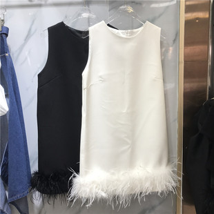 香槟名媛聚会 2022秋季设计感高级圆领无袖鸵鸟毛拼接连衣裙