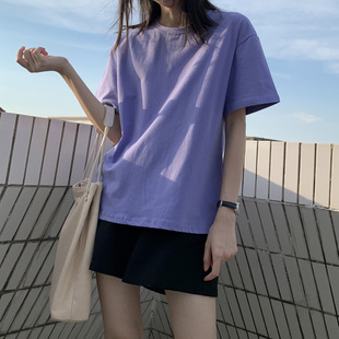 棉质短袖纯色上衣香芋紫色，t恤女大码棉质女装，宽松显瘦洋气潮ins夏