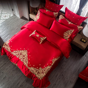 高端欧式奢华婚庆床上用品，套件大红色贡缎刺绣，床品十件套
