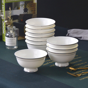 金边碗10个装 唐山家用米饭碗骨瓷碗4.5英寸吃饭碗白色餐具陶瓷碗