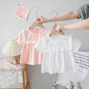 女童蕾丝短袖衬衫纯棉婴儿夏装上衣儿童刺绣小花衬衣女宝宝娃娃衫