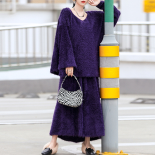 软软糯糯 欧美范气质针织两件套原创设计 紫色宽松大码上衣半身裙