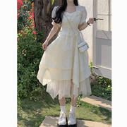 茶歇法式白色方领雪纺连衣裙，女夏季小个子纱裙，蛋糕蓬蓬仙女长裙子