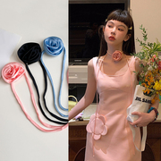 韩国绑带玫瑰花项链女法式高级感锁骨链项圈复古少女颈带配饰
