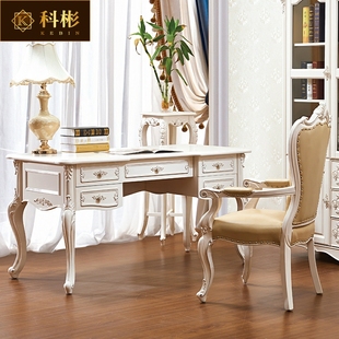 欧式实木书桌美式实木雕花白色，描金描银办公桌，写字台电脑一体桌