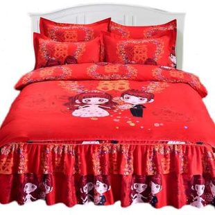 中式结婚大红色床裙款四件套喜庆婚嫁被套婚庆加带防滑床罩式床套