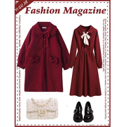 红色圣诞毛呢中长款外套，女冬季2023高级感法式复古收腰连衣裙