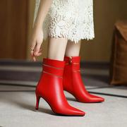 秋冬鞋红色靴子，婚鞋新娘尖头细跟高跟短靴女春秋单靴短筒大码gxz