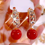 重工定制高档耳环锆石水晶小香风，珍珠耳扣优雅气质多戴红豆耳钉女