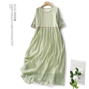 2023夏季文艺苎麻复古圆领，刺绣名族风，纯色中长款连衣裙小个子