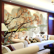 5D中式大型壁画山水风景墙画酒店办公室壁纸水墨梅花电视背景墙纸