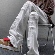 纯白色裤子男小众设计感假破洞牛仔裤高街修身直筒，美式vibe微喇裤