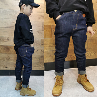 男童加绒牛仔裤子2023冬季一体绒蓝色净色韩版小脚修身儿童铅笔裤