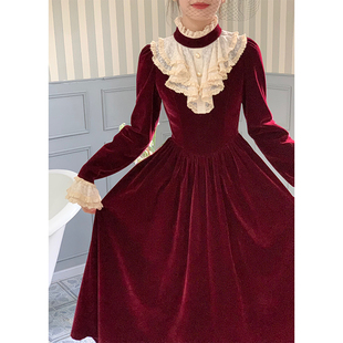 三个裁缝 法式复古红色丝绒长袖连衣裙秋冬正式场合气质长裙子女